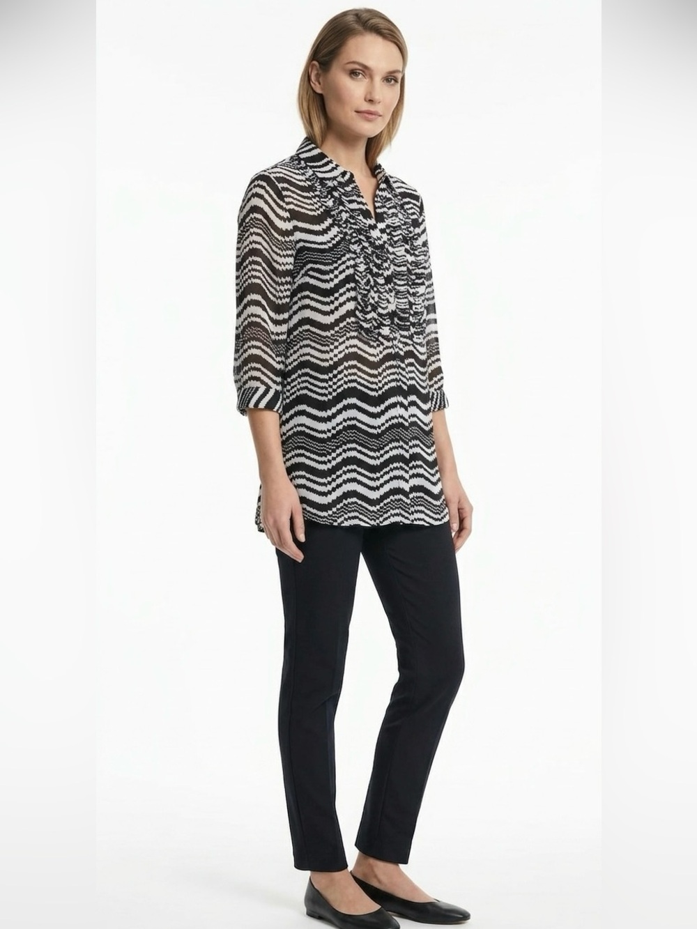 Chico's Black/White Zig Zag Ruffled Tunic Blouse with 3/4 Sleeves Women’s